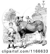 Clipart Of A Retro Vintage Black And White Boy With His Dog On A Horse Royalty Free Vector Illustration