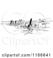 Clipart Of A Retro Vintage Black And White Boy Falling Through Ice Royalty Free Vector Illustration