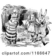 Clipart Of Retro Vintage Black And White Alice Rabbit And King Royalty Free Vector Illustration