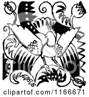 Clipart Of A Retro Vintage Black And White Bird And Floral Design 5 Royalty Free Vector Illustration