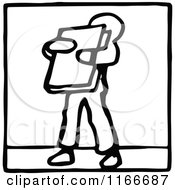 Clipart Of A Retro Vintage Black And White Boy Carrying A Book Royalty Free Vector Illustration