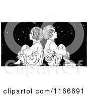 Poster, Art Print Of Retro Vintage Black And White Boy And Girl Sitting Back To Back Under The Stars