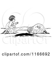 Clipart Of A Retro Vintage Black And White Boy And Girl By A Hole And Cliff Royalty Free Vector Illustration