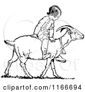 Clipart Of A Retro Vintage Black And White Boy Riding A Goat Royalty Free Vector Illustration