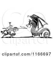 Clipart Of A Knight Battling A Dragon Black And White Woodcut Royalty Free Vector Illustration by xunantunich #COLLC1166697-0119