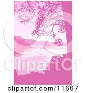 Lake Mountains And Trees In Pink Tones