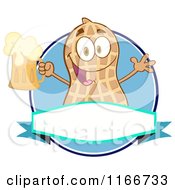 Cartoon Of A Peanut Character With Beer Over A Banner And Blue Circle Royalty Free Vector Clipart