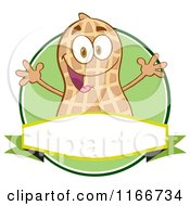 Cartoon Of A Peanut Character Over A Banner And Green Circle Royalty Free Vector Clipart