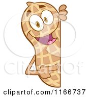 Cartoon Of A Peanut Character Pointing To A Blank Sign Royalty Free Vector Clipart