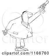 Cartoon Of An Outlined Secret Agent Man Shooting His Firearm Royalty Free Vector Clipart
