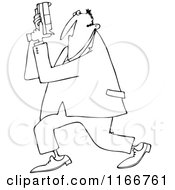 Cartoon Of An Outlined Secret Agent Man Holding Up His Firearm Royalty Free Vector Clipart