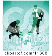 Poster, Art Print Of Two Businessmen Completing A Green Jigsaw Puzzle Together