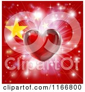 Shiny Red Heart And Fireworks Over A Chinese Flag