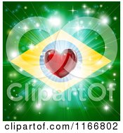 Shiny Red Heart And Fireworks Over A Brazil Flag