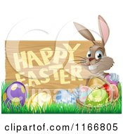 Cartoon Of A Brown Bunny With A Basket And Easter Eggs In Grass By A Happy Easter Sign Royalty Free Vector Clipart