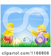 Poster, Art Print Of Yellow Easter Chicks Playing In Grass With Eggs Under A Blue Sky