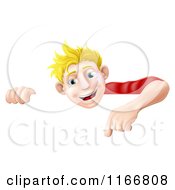 Cartoon Of A Happy Blond Man Pointing Down At A Sign Royalty Free Vector Clipart by AtStockIllustration
