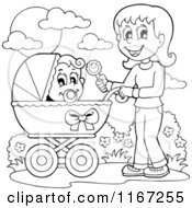 Outlined Mother Waving A Rattle And Pushing A Baby In A Stroller