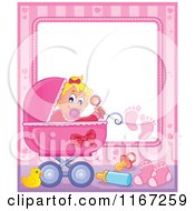 Poster, Art Print Of Baby Girl Waving A Rattle In A Pink Pram Border