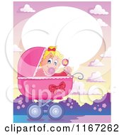 Poster, Art Print Of Talking Baby Girl Waving A Rattle In A Pink Pram
