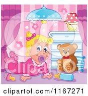Poster, Art Print Of Happy Baby Girl With A Teddy Bear In A Nursery