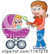 Poster, Art Print Of Happy Mother Waving A Rattle And Pushing A Baby In A Stroller