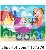 Poster, Art Print Of Mother Waving A Rattle And Pushing A Baby In A Stroller
