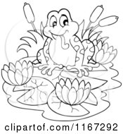 Cartoon Of An Outlined Frog With Lotus Flowers And Lilypads Royalty Free Vector Clipart by visekart