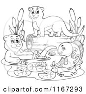 Cartoon Of An Outlined Leaping Fish And Otters On A River Royalty Free Vector Clipart