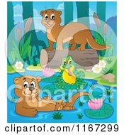 Poster, Art Print Of Frog And Two Otters On A River