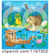 Poster, Art Print Of Leaping Fish Floating Otter And Frog On A River