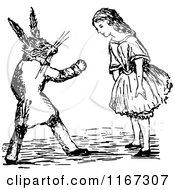 Clipart Of Retro Vintage Black And White Alice Talking With A Rabbit Royalty Free Vector Illustration