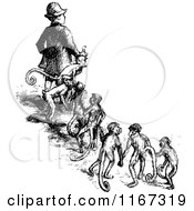 Clipart Of A Retro Vintage Black And White Boy And Line Of Monkeys Royalty Free Vector Illustration