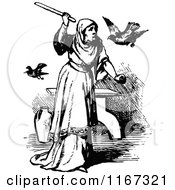 Clipart Of A Retro Vintage Black And White Woman Swatting At Birds Royalty Free Vector Illustration