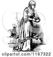 Clipart Of A Retro Vintage Black And White Woman Carrying Hot Soup Royalty Free Vector Illustration