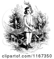 Clipart Of A Retro Vintage Black And White Girl In A Garden Royalty Free Vector Illustration