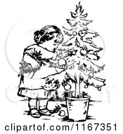 Clipart Of A Retro Vintage Black And White Girl With A Potted Christmas Tree Royalty Free Vector Illustration