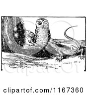 Clipart Of A Retro Vintage Black And White Owl And Lizard Royalty Free Vector Illustration
