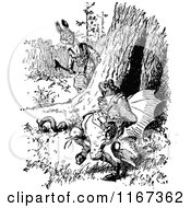 Clipart Of A Retro Vintage Black And White Rabbit And Frog Royalty Free Vector Illustration