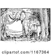 Clipart Of Retro Vintage Black And White Mammoths In The Woods Royalty Free Vector Illustration by Prawny Vintage