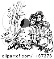 Clipart Of Retro Vintage Black And White Children Outdoors Royalty Free Vector Illustration