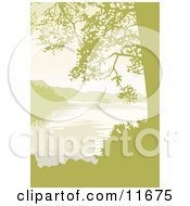 Lake Mountains And Trees In Yellow Tones Clipart Illustration by AtStockIllustration