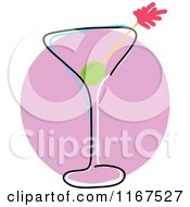 Cartoon Of A Martini Olive In A Glass Over A Pink Circle Royalty Free Vector Clipart
