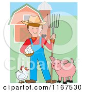 Happy Farmer With A Pitchfork Eggs Chicken Bird And Pig By A Barn