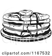 Clipart Of A Black And White Retro Stack Of Pancakes With Butter And Syrup Royalty Free Vector Illustration