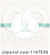Clipart Of A Retro Cupcake Label And Green Ribbon Over Polka Dots And Stripes Royalty Free Vector Illustration