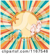Clipart Of A Retro Summer Frame With Sandals A Beach Ball Starfish Grunge And Rays Royalty Free Vector Illustration