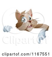 Cartoon Of A Happy Brown Cat Pointing Down At A Sign Royalty Free Vector Clipart