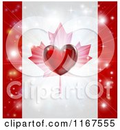 Shiny Red Heart And Fireworks Over A Canadian Flag