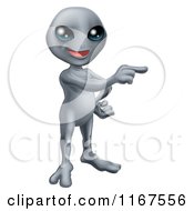 Cartoon Of A Friendly Gray Alien Pointing Royalty Free Vector Clipart